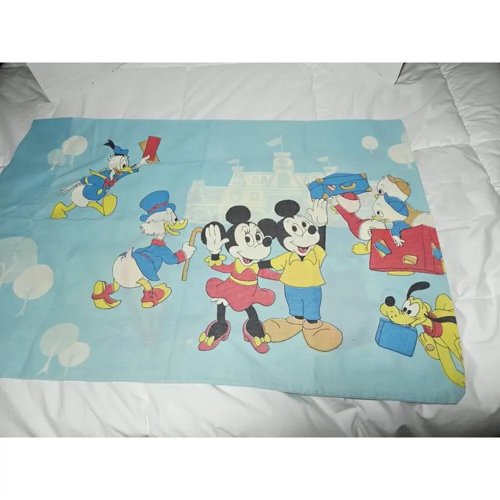 Disney 70s Mickey Mouse Frontierland Blue Pillowcase Knight Princess Vtg Cham